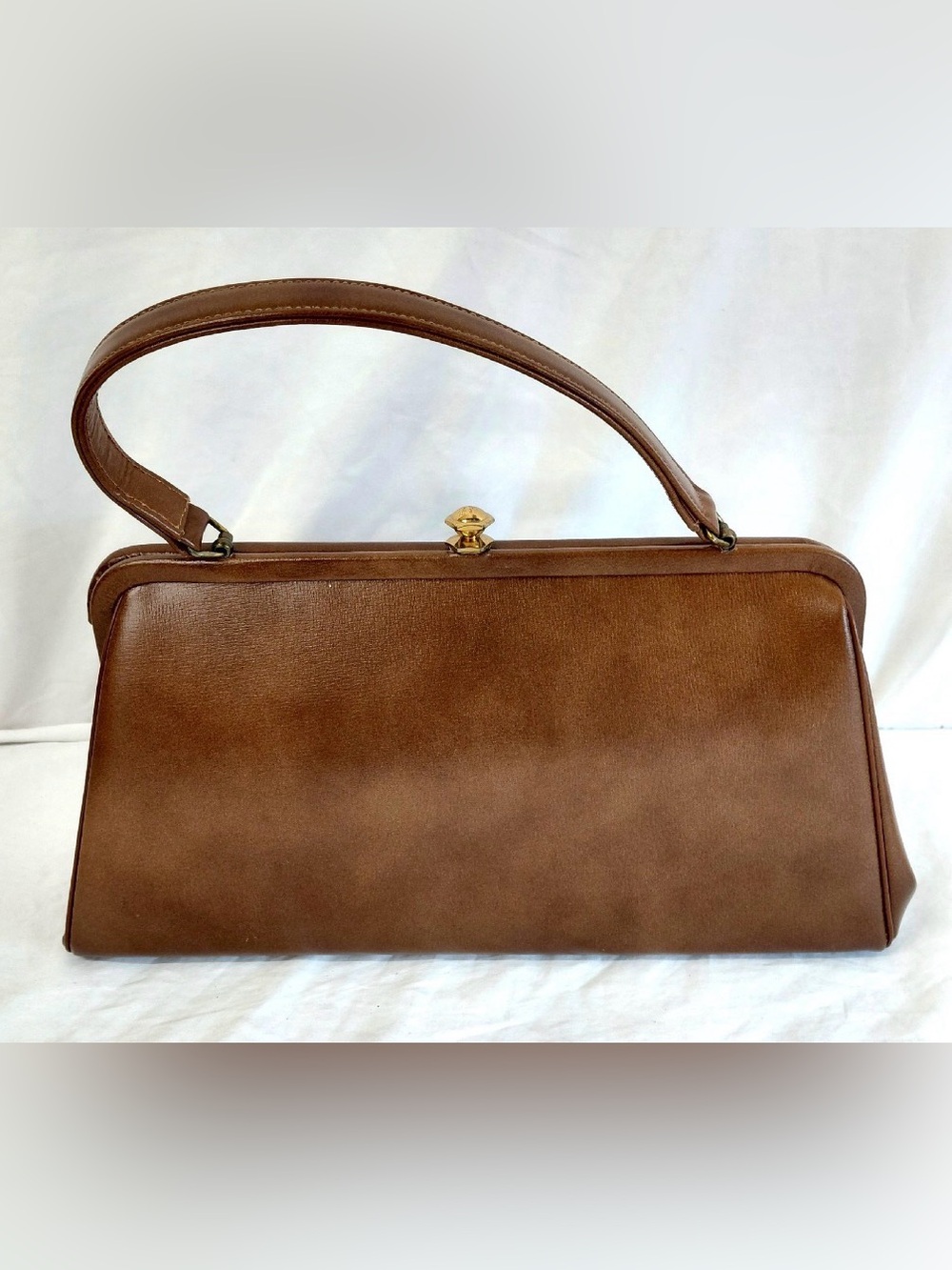 Vintage, Triangle New York Brown Structured Top Handle Handbag with Kiss lock